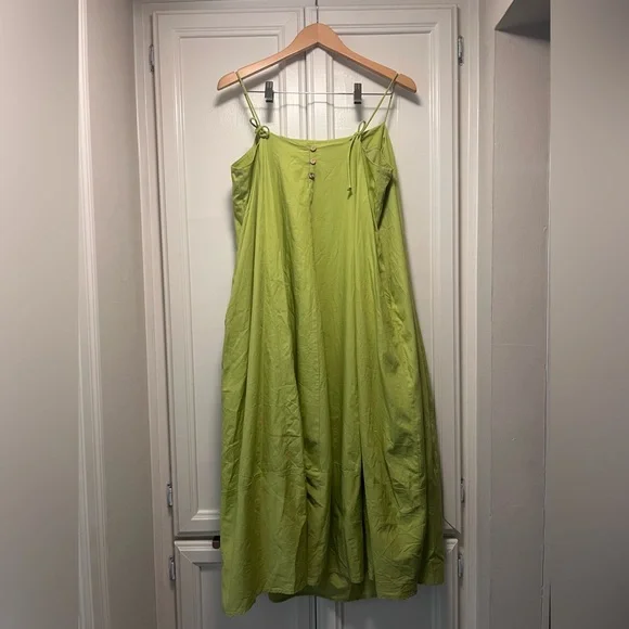 Free People Struttin Midi Cotton Chartreuse Green Dress Spaghetti Strap Sz Large - Picture 4 of 5